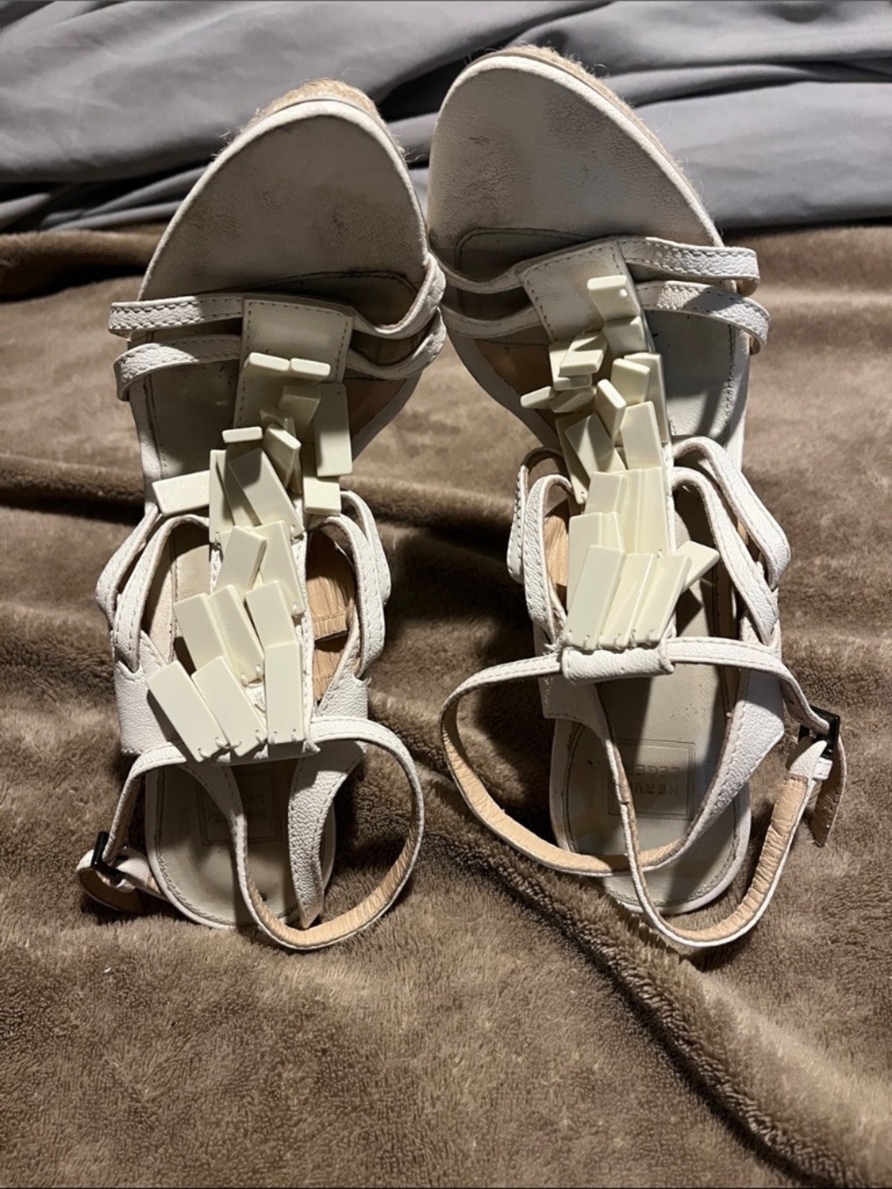Herve Leger White Strappy Leather Sandals with Front Decorative Accent